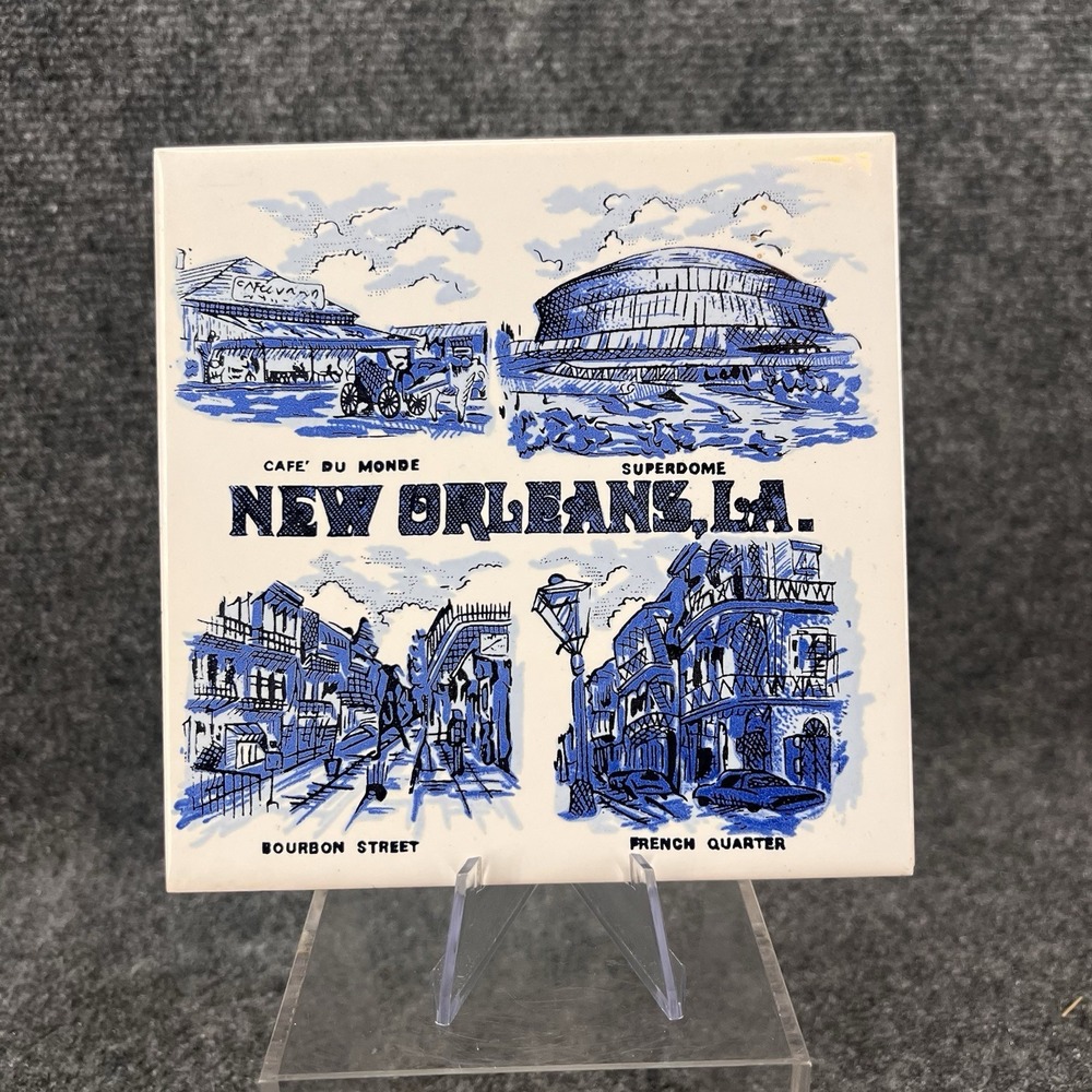 Vtg New Orleans, LA Souvenir Ceramic Tile Trivet 6x6 Cafe Du Monde Bourbon St